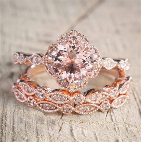 2 carat Morganite and Diamond Trio Wedding Bridal Ring Set in 10k Rose ...