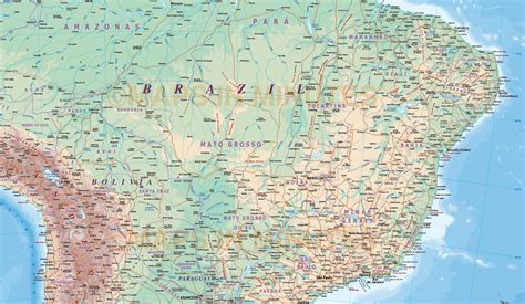 Digital vector Brazil Deluxe Political Road & Rail Map plus land and sea floor relief contours ...