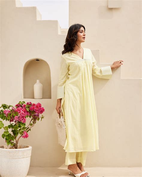 Buy Yellow Mulmul Kurta Set Online in India – Ambraee