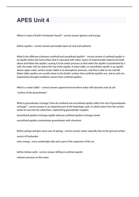APES Unit 4 question n answers graded A+ 2023/2024 - Aquifer - Stuvia US