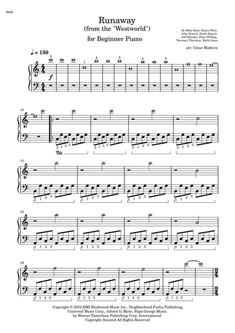 Runaway (arr. César Madeira) by Kanye West Sheet Music for Easy Piano ...