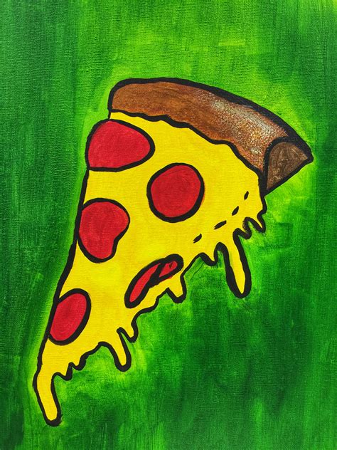 Pop Art Acrylic Painting: Slice of Pizza on Green Background