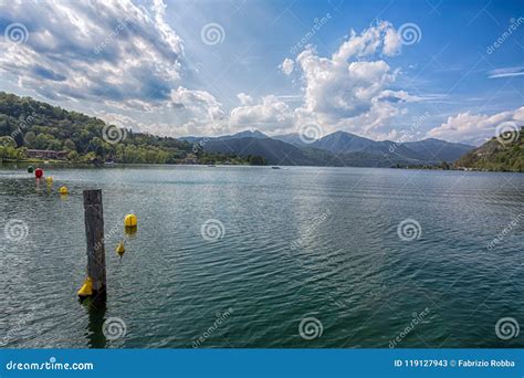 View of Orta Lake Lago D`Orta, Italy. Lake Orta or Cusio is a `pre ...