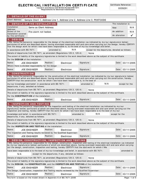 Image result for Electrical Installation Certificate Example