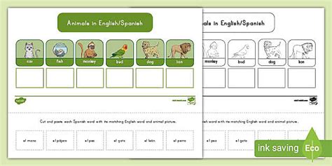 Animals in English/Spanish Cut and Paste Worksheet