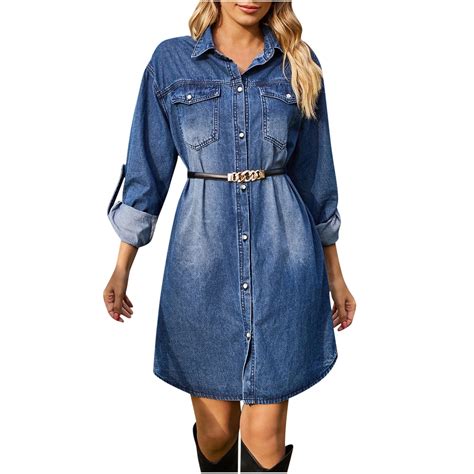 BangWanChi Long Sleeve Denim Dresses for Women Fashionable Women's Long ...