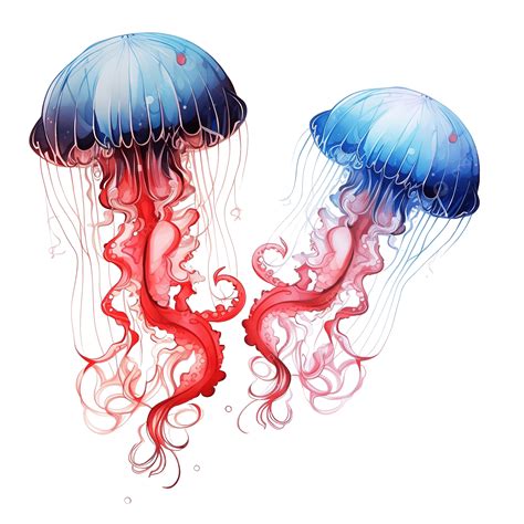 Red And Blue Jellyfish With Wavy Tentacles Png Illustration Marine ...