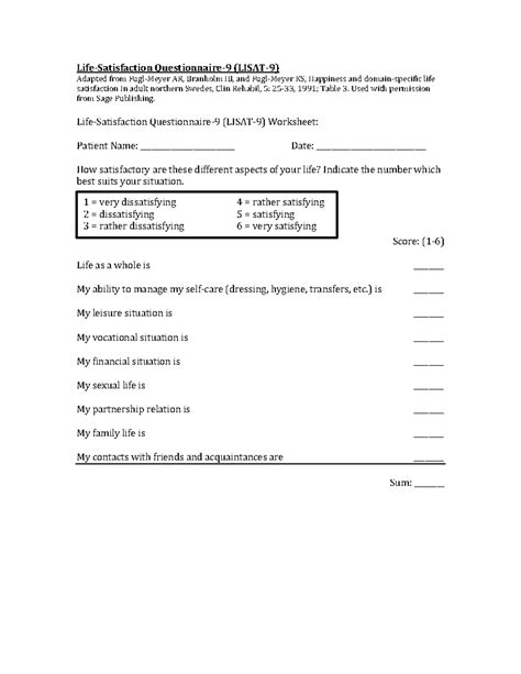 Worksheet: Life Satisfaction Assessment (LISAT-9) - Studocu