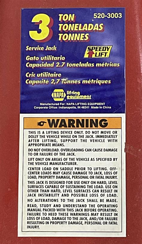 Lot - Napa 3 Ton Hydraulic Floor Jack