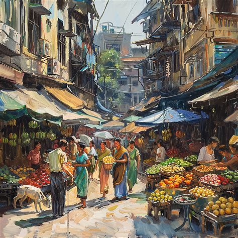 Original "vibrant Market Scene", Busy Indian Bazaar, Traditional ...