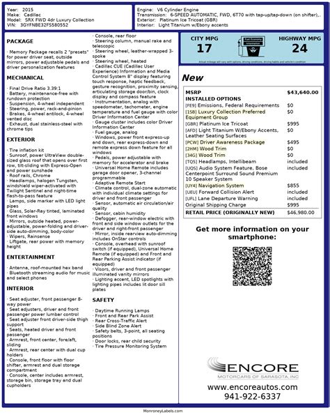 Window Sticker for 2015 Cadillac Srx Fwd 4dr Luxury Collection