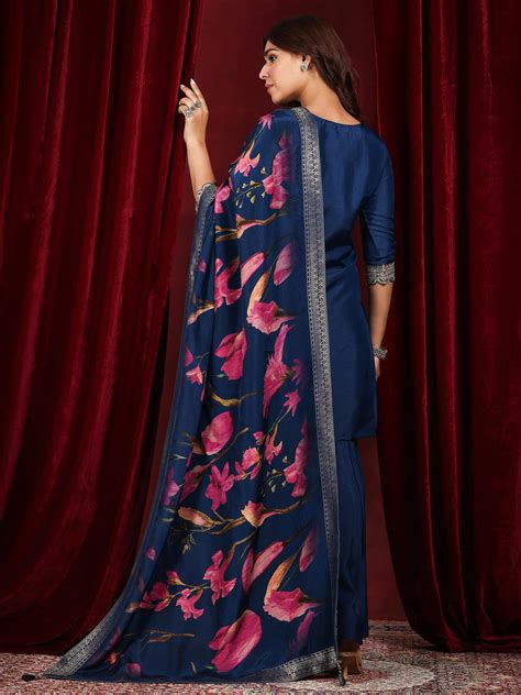 Buy Libas Art Blue Woven Design Silk Blend Straight Suit With Dupatta ...