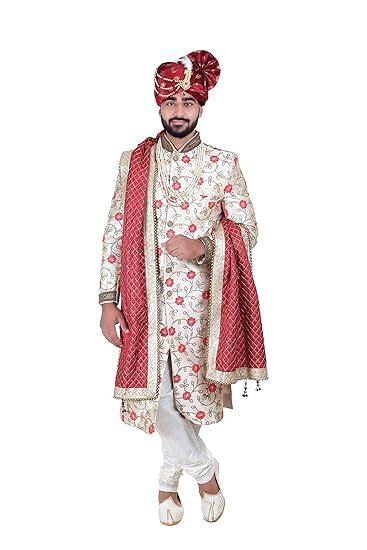 Buy MANODO Men's Ethnic wedding set 5 pc (Sherwani,chudidar,Pagdi, Mala ...