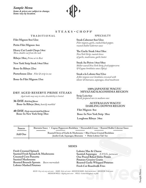 Hyde Park Prime Steakhouse menu in Sarasota, Florida, USA