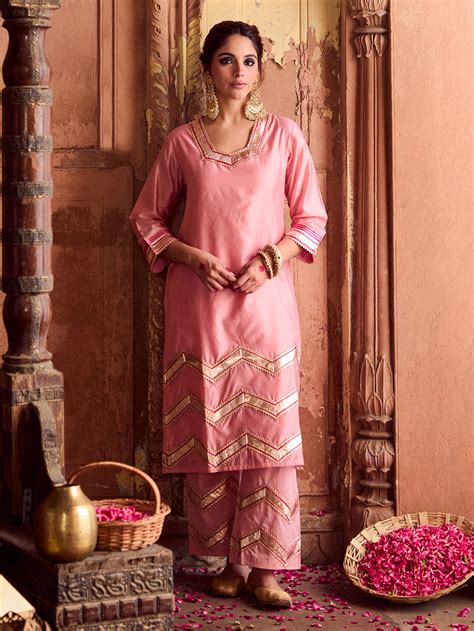 Powder Pink Chanderi Gota Embroidered Kurta with Pants- Set of 2