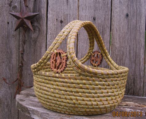 Coiled Pine Needle Basket with Double Handle and Walnut Slices. $125.00 ...