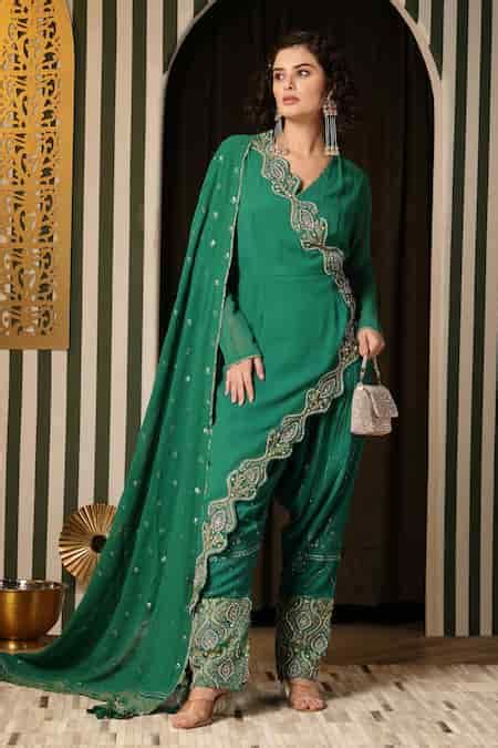 Buy Green Georgette Mirrors, Embroidery V-neck Asymmetric Angarkha ...