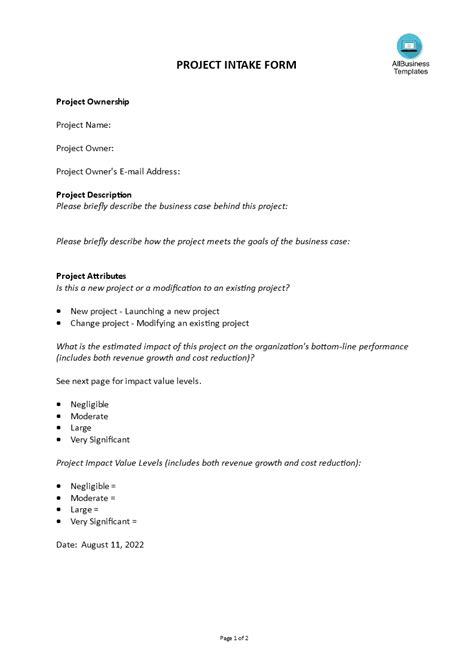 Image result for Project Intake Form Template Word