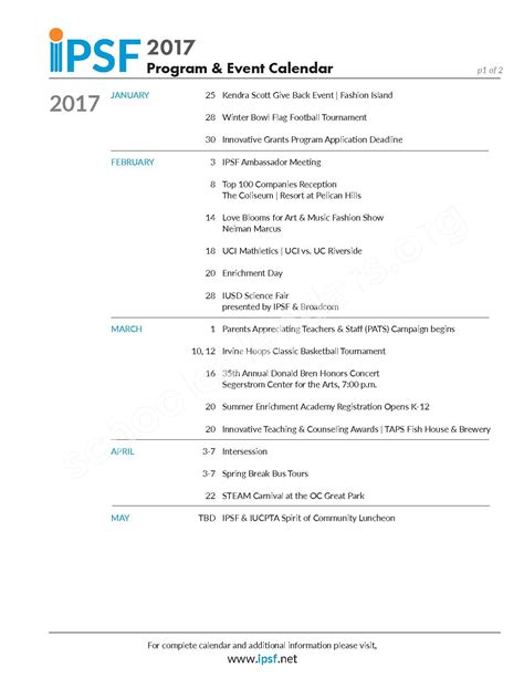 2017 IPSF Event Calendar | Irvine Unified School District – Irvine, CA