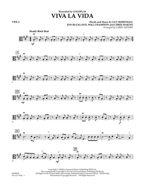 Viva La Vida - Viola by Larry Moore Sheet Music for String Quartet at ...