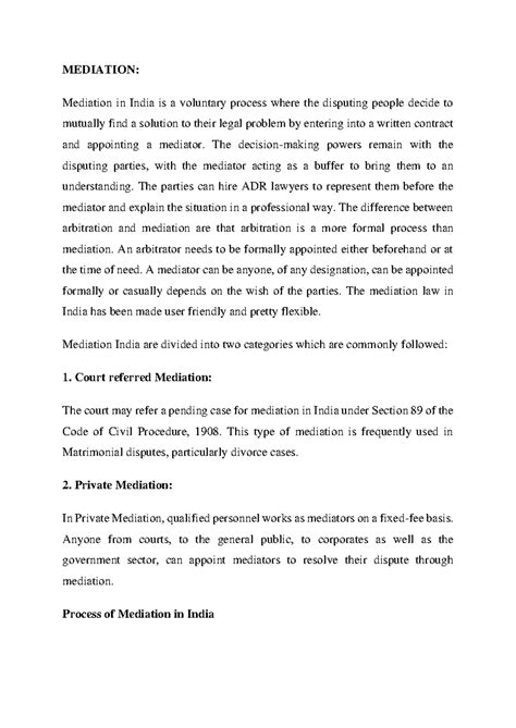 Mediation Notes - MEDIATION: Mediation in India is a voluntary process ...