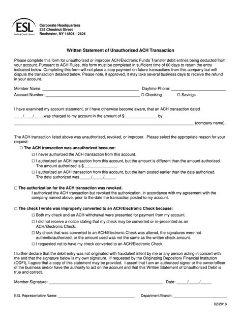Fillable Online esl ESL ACH Unauthorized Transaction Fax Email Print ...