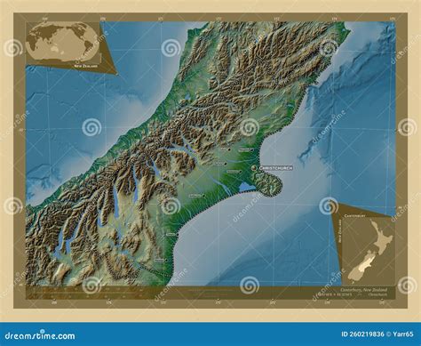 Canterbury, New Zealand. Physical. Labelled Points of Cities Stock Illustration - Illustration ...