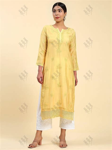 Jhanvi in Fizaa Chikankari Long Kurta in Chanderi Silk for Women - Yel ...