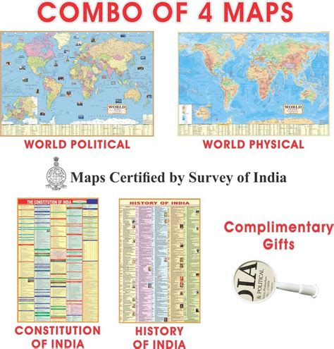 (COMBO OF 4 MAPS/CHARTS AND Magnifying Glass) INDIAN Constitution ...
