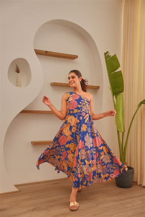 Royal Blue Floral Printed Modal Off Shoulder Dress – Ekohum