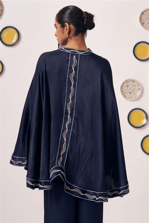 Navy Blue Draped Embroidered Cape Top – Western Era
