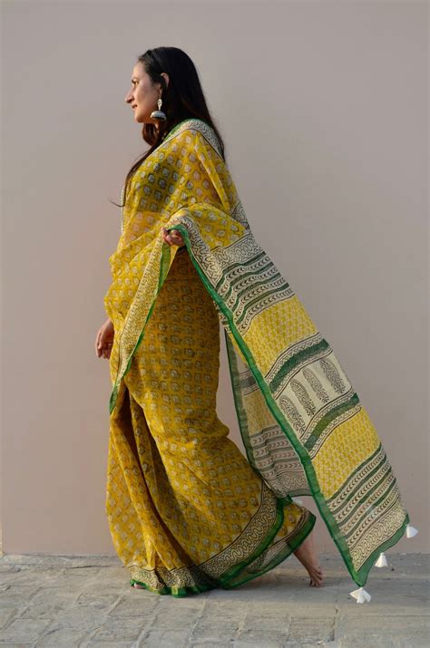 Yellow Bagru Print Kota Doriya with Zari Border – Gray and Green Store
