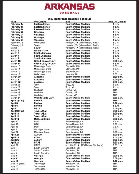Printable Arkansas Baseball Schedule 2025 Pdf - King Printables