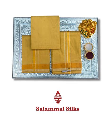 Olive Mustard Yellow Semi Silk Dhoti, Angavastram & Shirt (2.50M) with ...