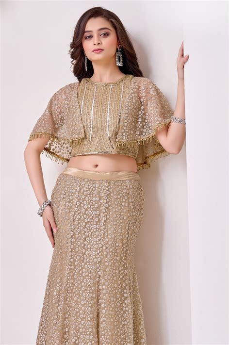 Gold with Poncho Beads and Sequins work Indo-Western Styled Lehenga Ch ...