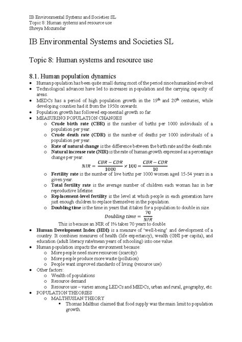 IB Environmental Systems and Societies SL Topic 8: Human Systems ...