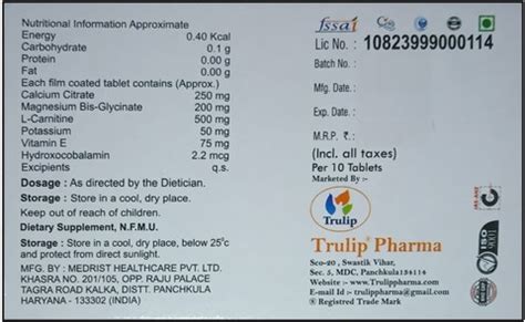 Trulip Pharma Calcium, Magnesium, Vitamin E & L-Carnitine Tablet For ...