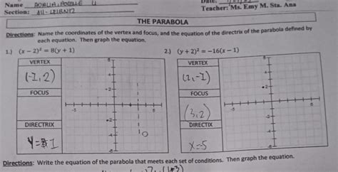 SOLVED: Directions: Name the coordinates of the vertex and focus, and ...