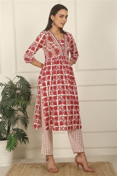 White and Red Printed Gathered Cotton Lurex Kurta, Pants and Dupatta S ...