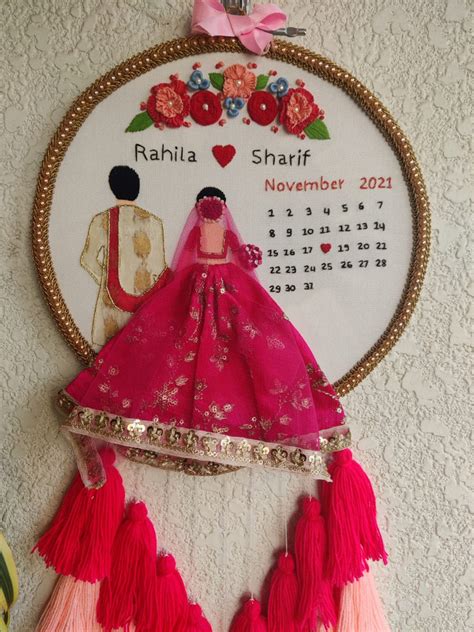 Customizable Bride & Groom Calendar Embroidered Hoop with Tassels