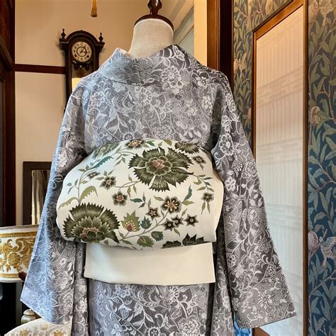 更紗の庭＊唐花 カーキ グリーン アイボリー オリエンタル 緑 染め帯 塩瀬帯 名古屋帯 B377 | kimono tento