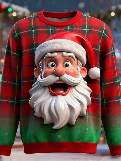 Christmas Men's Santa Claus Sweatshirt Cool Party 3D Crew Neck Vacation ...