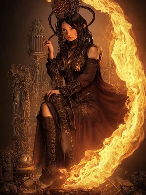 evil steampunk pyromancer woman, ornamental halo, | Stable Diffusion ...
