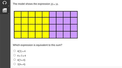 The model shows the expression 20 + 16. A model with 4 rows of 5 ...