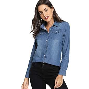Buy Women Faded Denim Shirt Blue (L) at Amazon.in