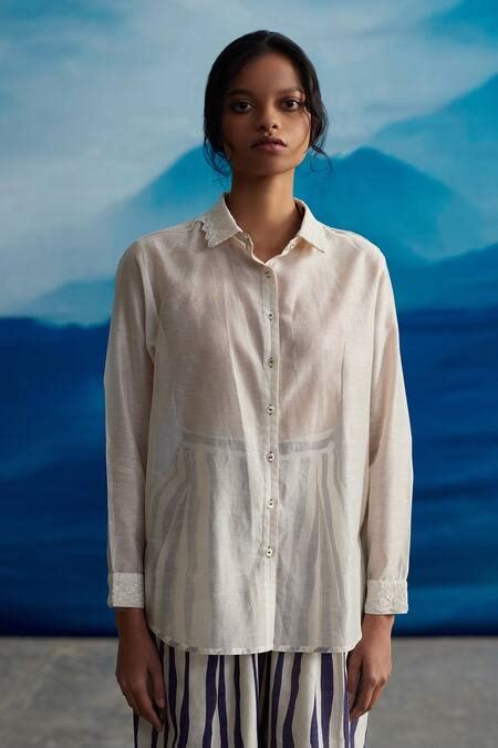 Buy Ivory Chanderi Lace Collared Manuka Embellished Shirt For Women by ...