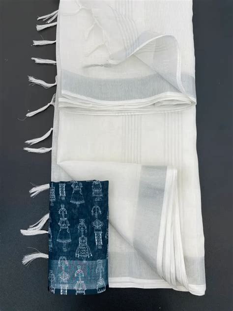 INDIAN LINEN SAREE White Colour Linen Saree (With Unstitched Blouse ...