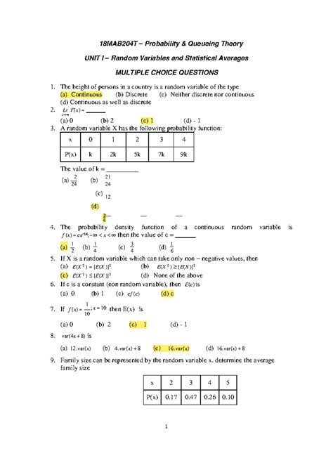 18MAB204T- MCQ (I-V) - One words - 18MAB204T – Probability & Queueing ...