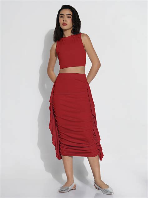 Buy Women's Red Solid Off-Shoulder Co-ords Set Online | Showoffff