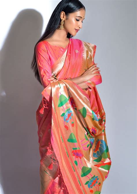 Pure Paithani Silk Peach Bridal Saree Online Shopping India USA UK – Sunasa